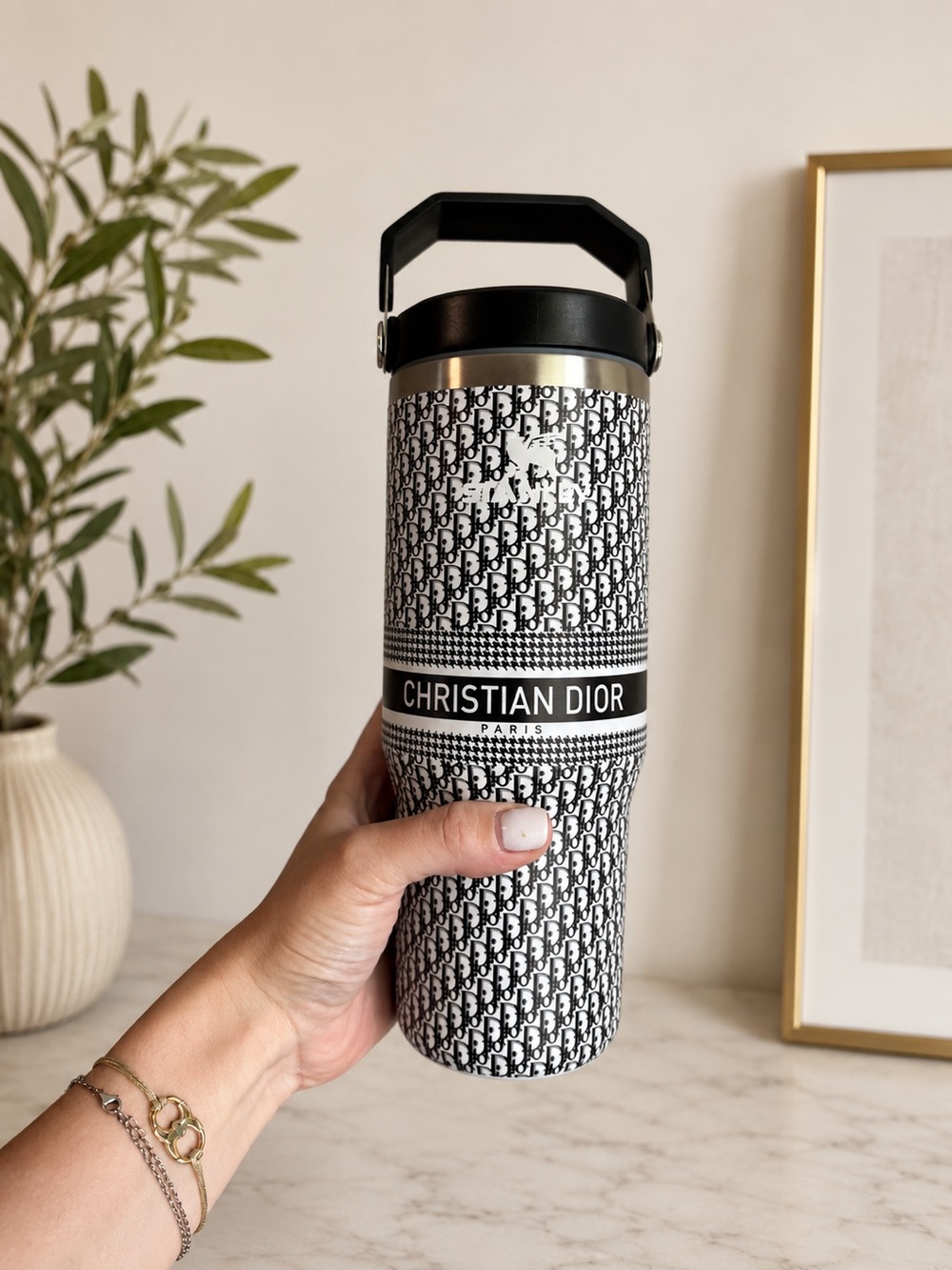 New 30 oz Monogram Stainless Steel Travel Tumbler Black White